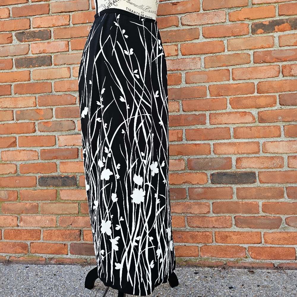 Vintage Rafaella Black & White Floral Faux Wrap Midi Skirt | Size 10